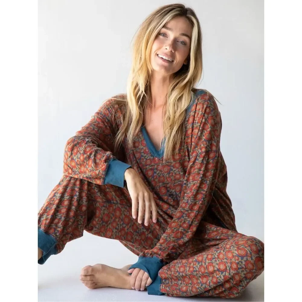 Natural Life Jumpsuit Johnnie Cotton Boho Oversized Ditsy Floral Blue Red Vines